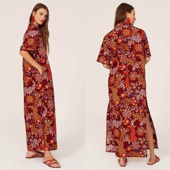 La DoubleJ Dress Bowling Floral Orange Relaxed Maxi Shirtdress Taranta XS GUC - Picture 11 of 12